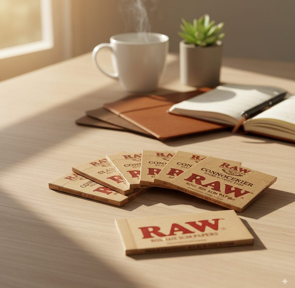 Premium lifestyle photo showcasing RAW Rolling Papers including Classic, Black, and Connoisseur packs on a wooden table with warm lighting and subtle props.