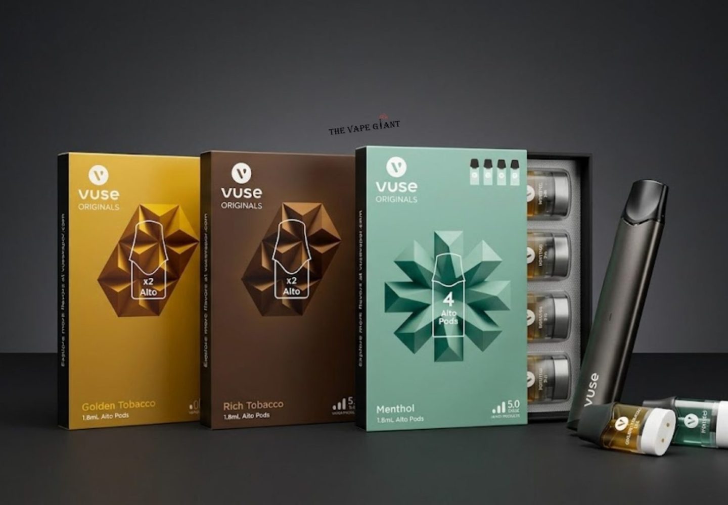 Alto Vuse pod flavor including Golden Tobacco, Rich Tobacco, and Menthol pods